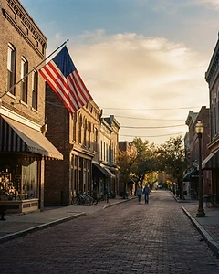 United States small-town Main Street with brick storefronts at golden hour