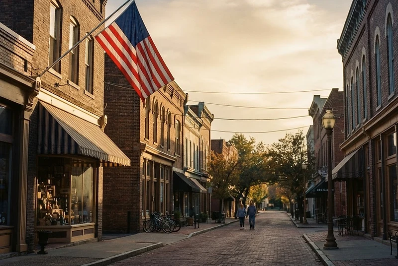 United States small-town Main Street with brick storefronts at golden hour