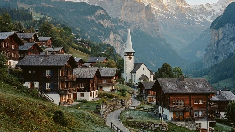 Calm Swiss alpine village with orderly houses and a church spire