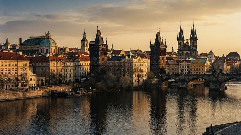 European cityscape blending Gothic spires and classical facades at golden hour