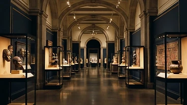 Editorial museum hall with world cultural artifacts under warm light