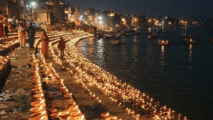 Rows of Diwali clay oil lamps glowing along a riverside