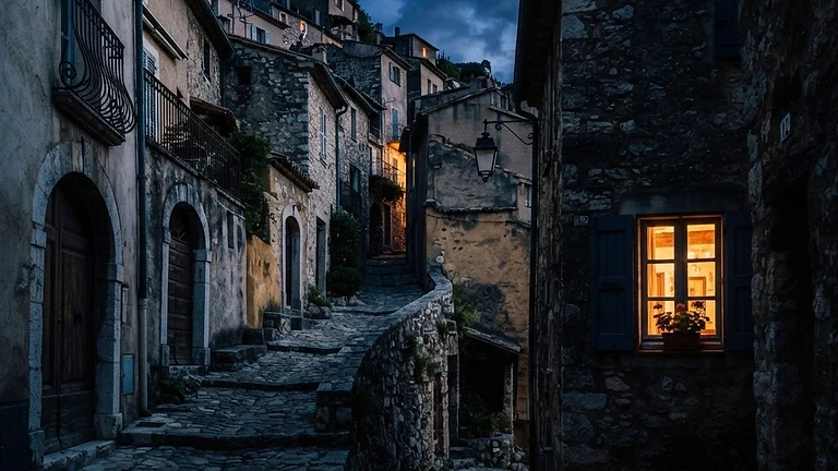 Quiet aging European hillside village at dusk