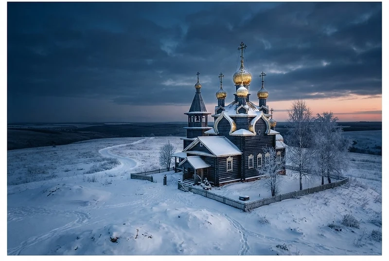 Russian wooden Orthodox church with golden domes on a snowy plain