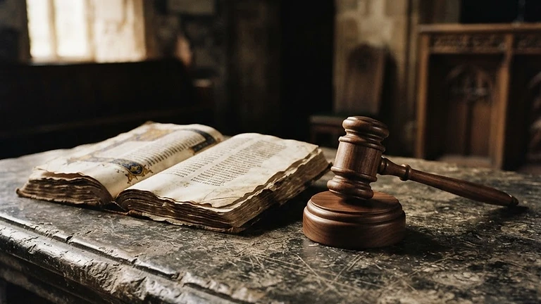 Ancient scripture and a gavel on a weathered stone table