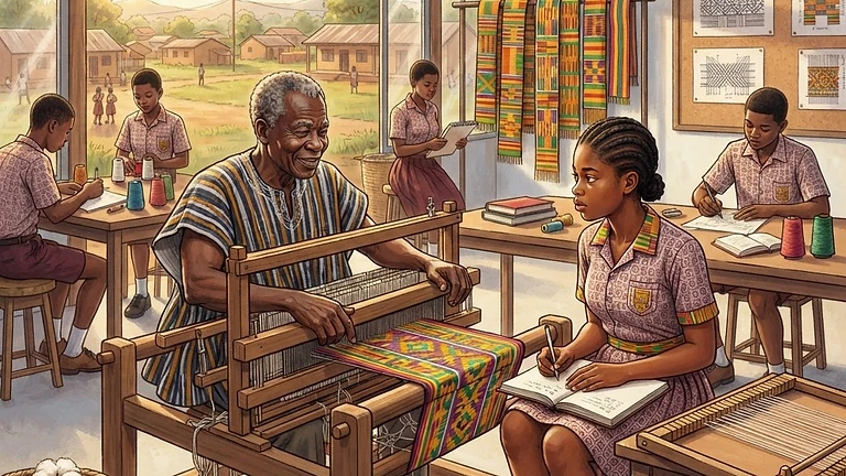 The Loom of Continuity: Weaving Kente into Ghana’s Future: AI-generated editorial illustration for NATION CONTINUITY.