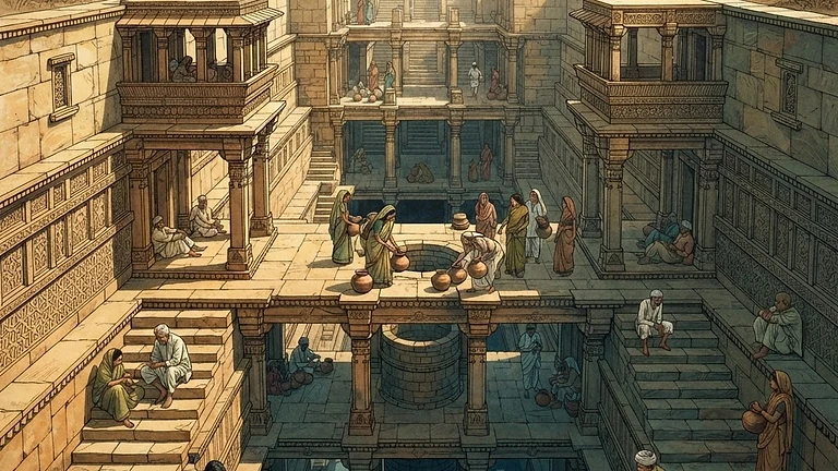 Subterranean Ingenuity: The Enduring Legacy of Indian Stepwells: AI-generated editorial illustration for NATION CONTINUITY.