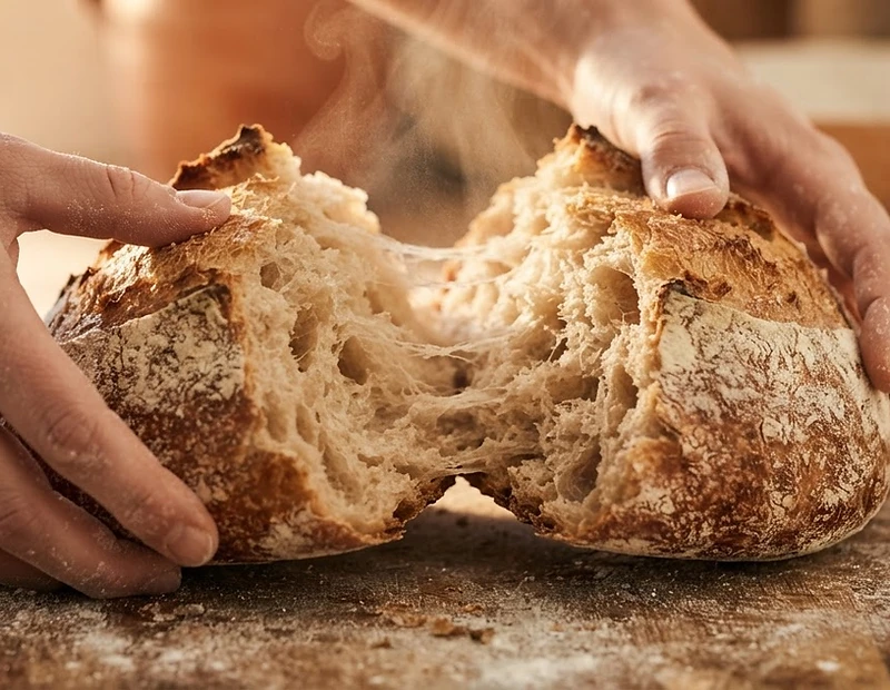 A rustic sourdough loaf torn open, steam rising