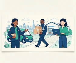 Illustration of a delivery driver, a warehouse worker and an office worker at work