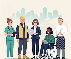 Illustration of a nurse, a construction worker in a hard hat, an office worker wearing glasses with a laptop, a wheelchair user and a chef with a hearing aid