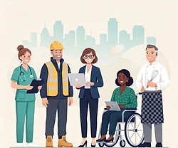 Illustration of a nurse, a construction worker in a hard hat, an office worker wearing glasses with a laptop, a wheelchair user and a chef with a hearing aid