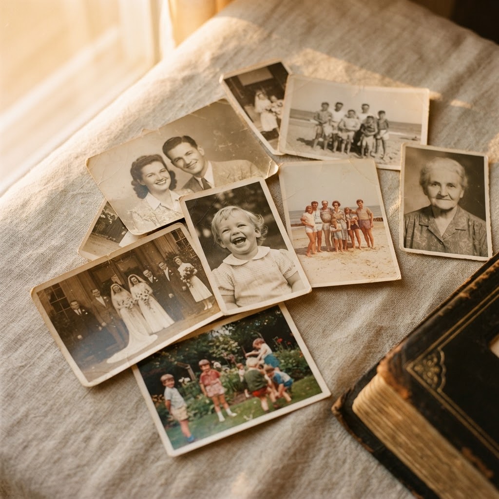Vintage family photographs prepared for careful scanning in Chicago