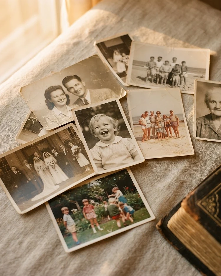 Vintage family photographs in warm golden light