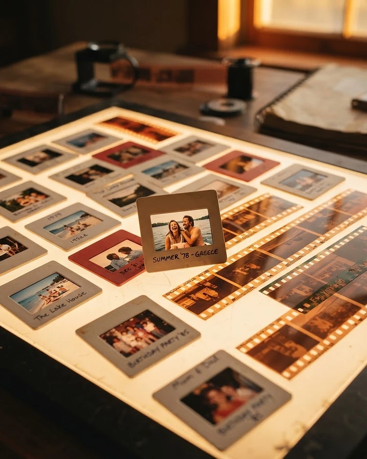 35mm slides and film negatives on a glowing light table in warm golden light
