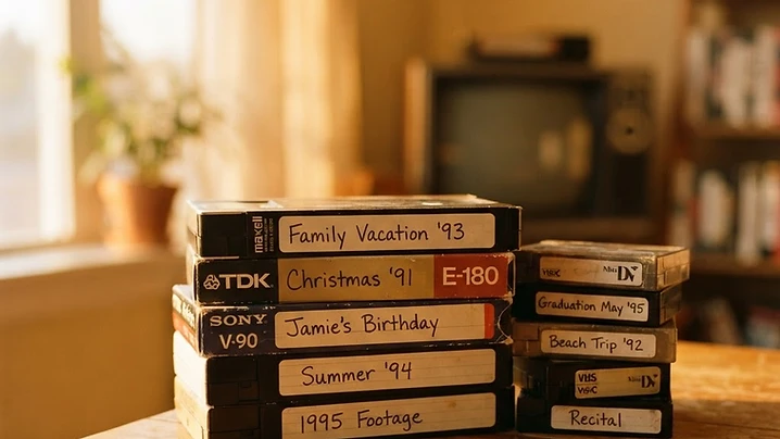 A VHS home-video tape being prepared for digital transfer