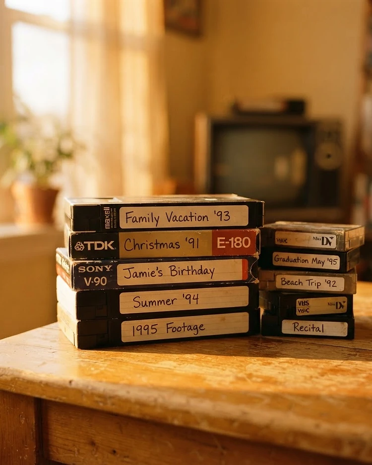 Stack of VHS and camcorder tapes in warm golden light, ready for digital transfer