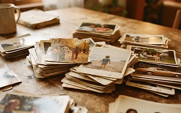 Stacks of vintage family photographs in warm golden light, ready for scanning