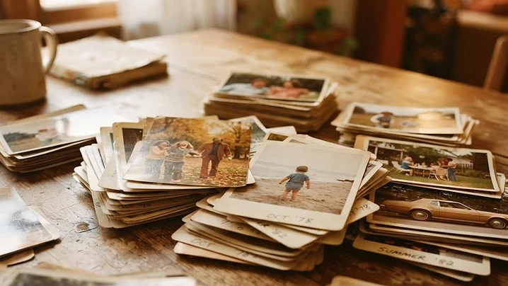 Stacks of vintage family photographs in warm golden light, ready for scanning