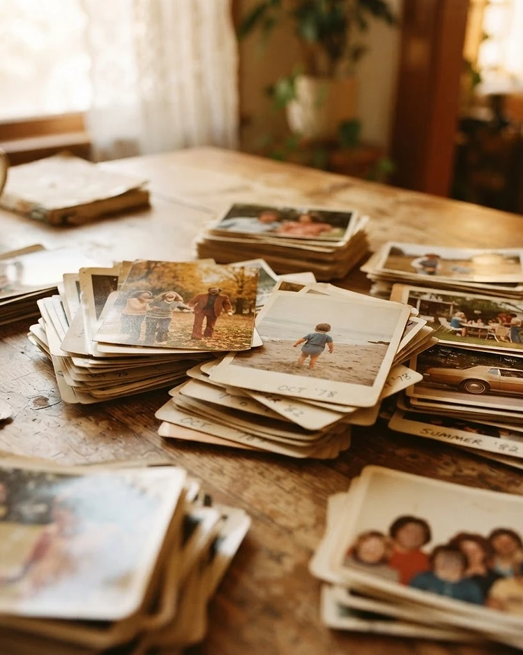 Stacks of vintage family photographs in warm golden light, ready for scanning
