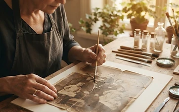 A vintage damaged sepia family portrait being gently restored in warm golden light