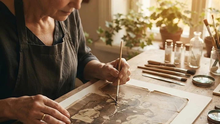 A vintage damaged sepia family portrait being gently restored in warm golden light