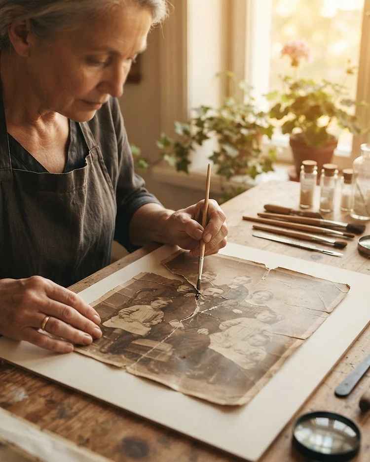 A vintage damaged sepia family portrait being gently restored in warm golden light
