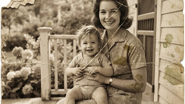 A faded, water-damaged vintage family photograph before restoration