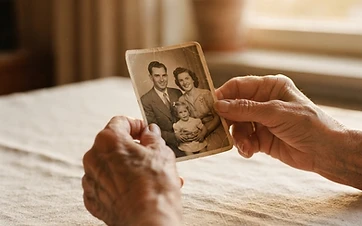 Hands gently holding an old family photograph