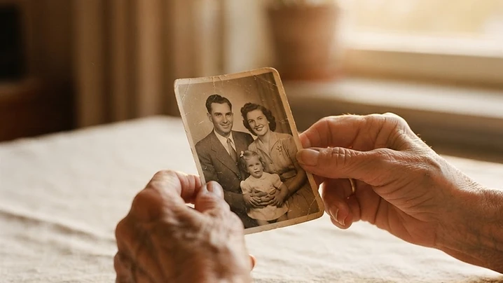 Hands gently holding an old family photograph