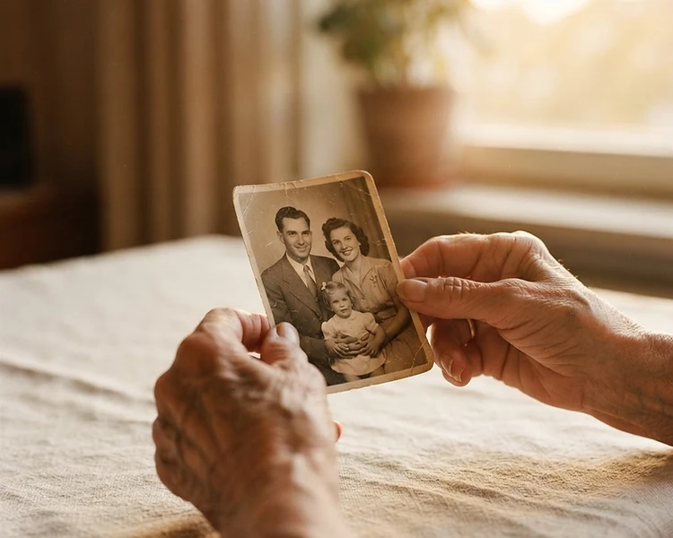 Hands gently holding an old family photograph