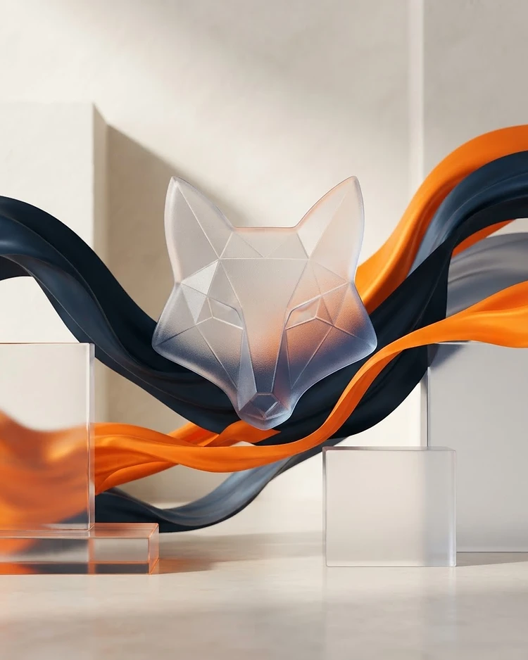 Abstract glass fox composition with flowing navy and orange ribbons