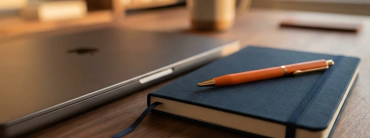 Warm wood workspace with laptop and minimal stationery