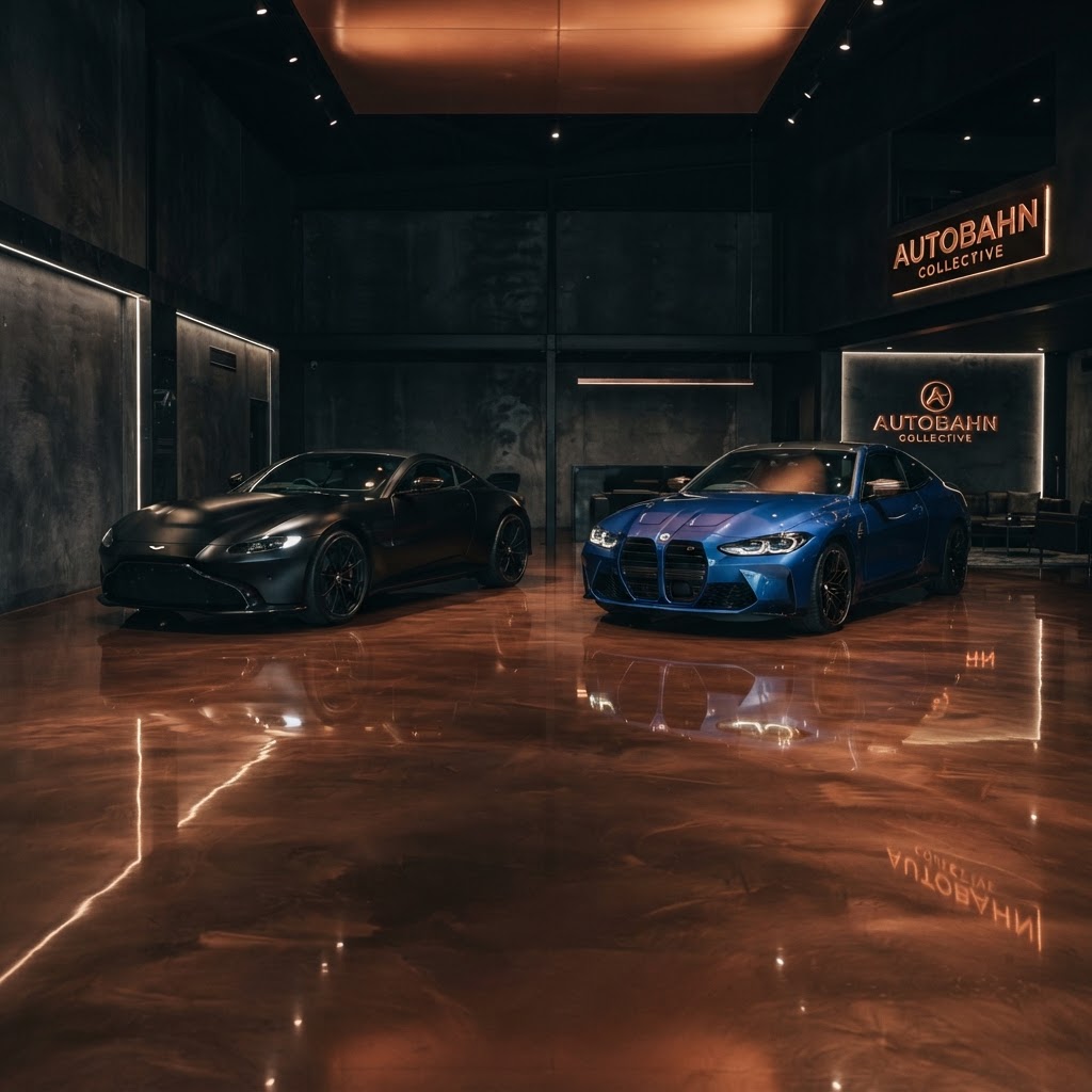 Cars on a glossy epoxy floor