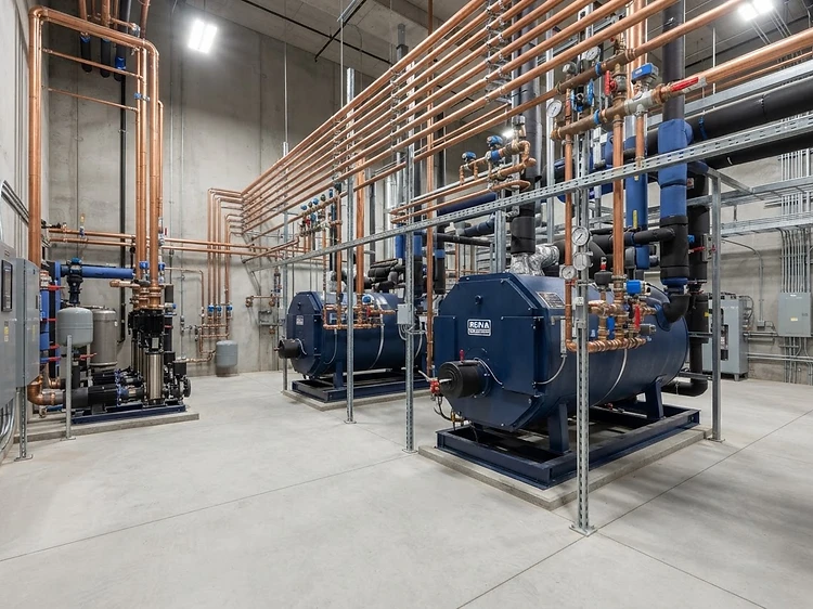 Organized commercial mechanical room with copper piping and boilers