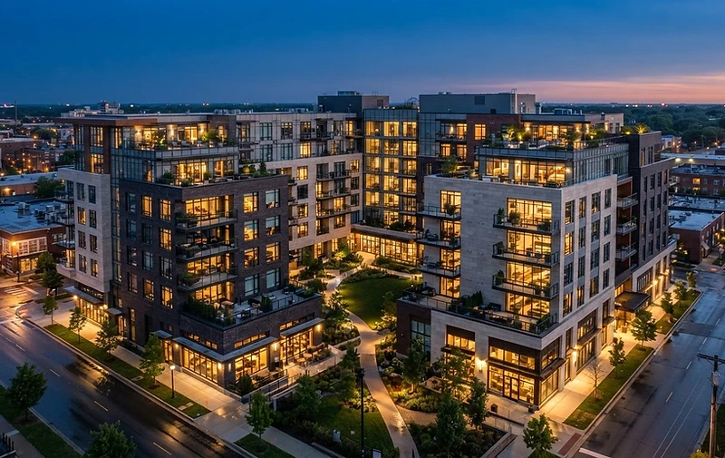 Multi-unit commercial building at dusk
