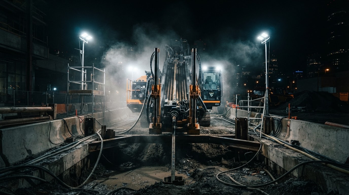 Perfuratriz direcional em obra noturna