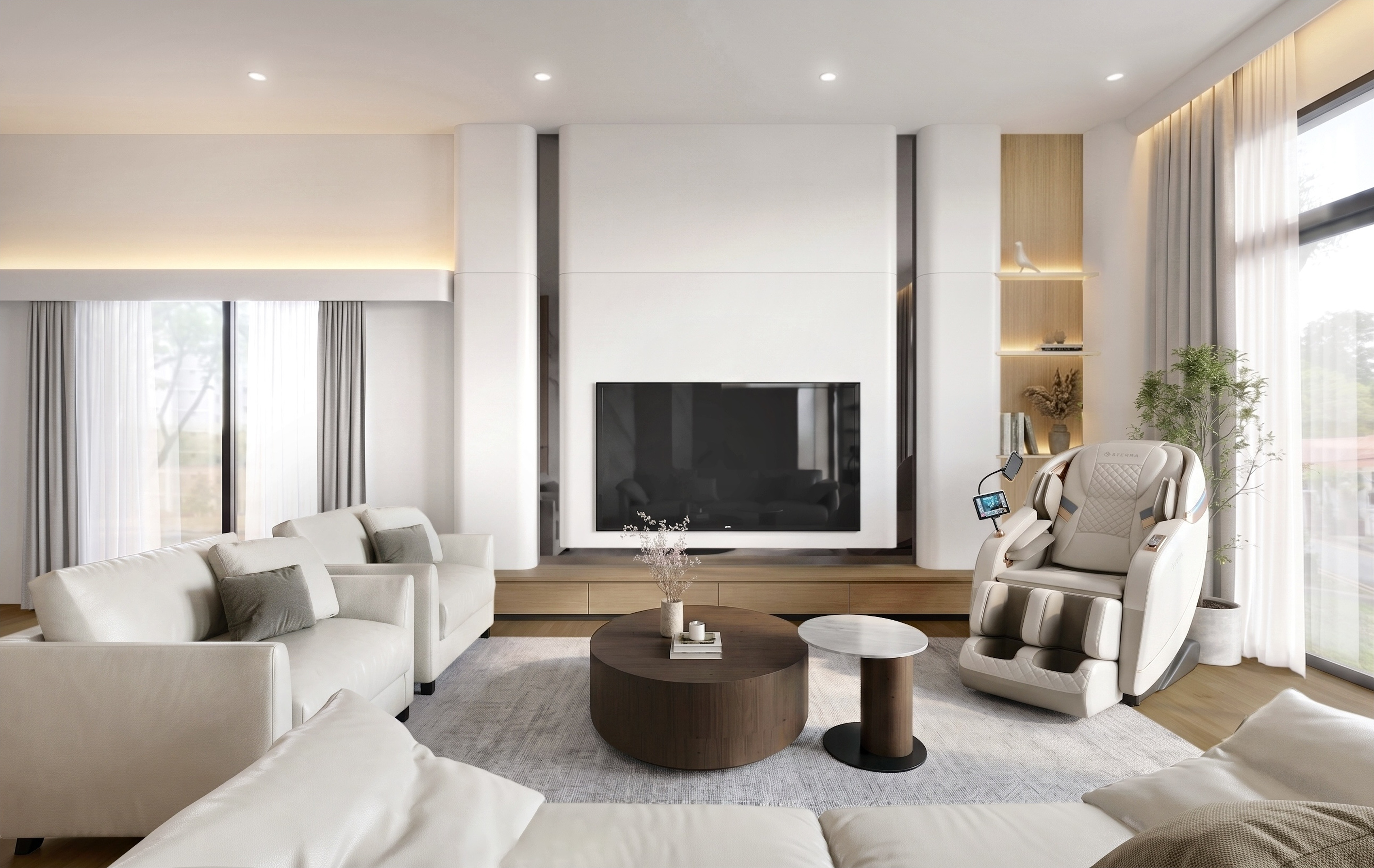 L1 living room with TV feature wall, cream sofa and massage chair