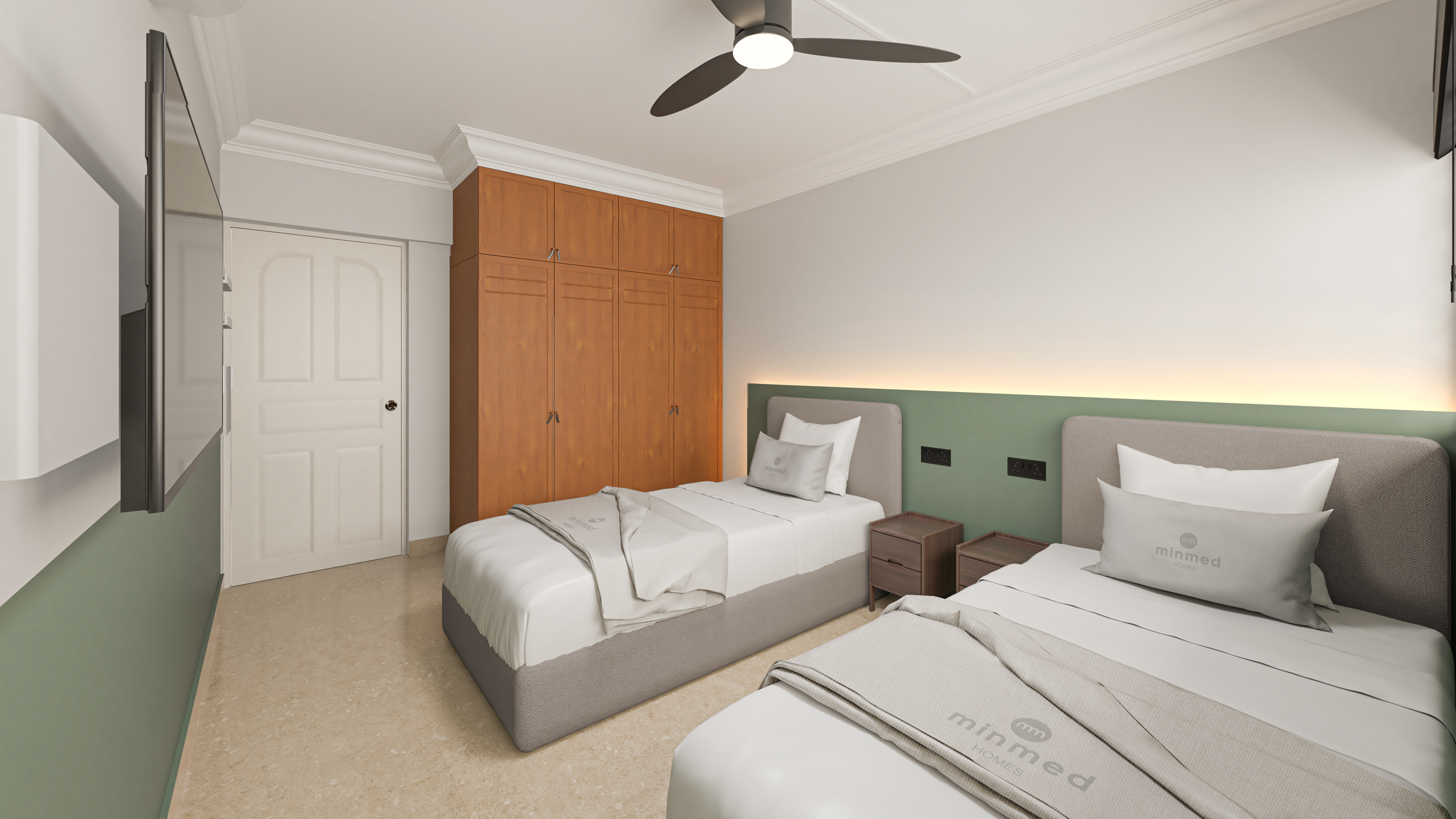 Twin bedroom with green accent wall, timber wardrobe and wall-mounted TVs