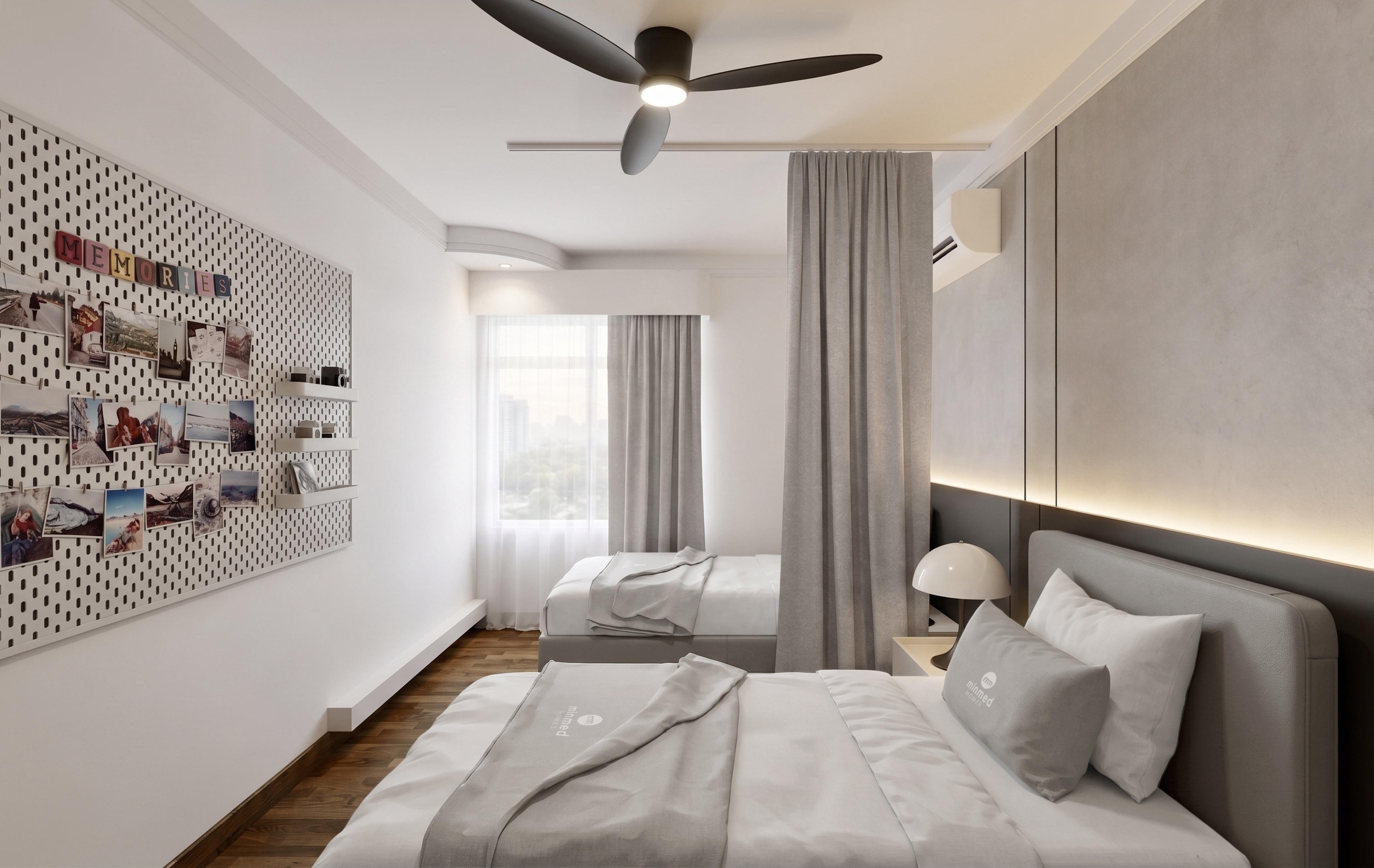 Shared bedroom with twin bed, pegboard display and sheer curtains