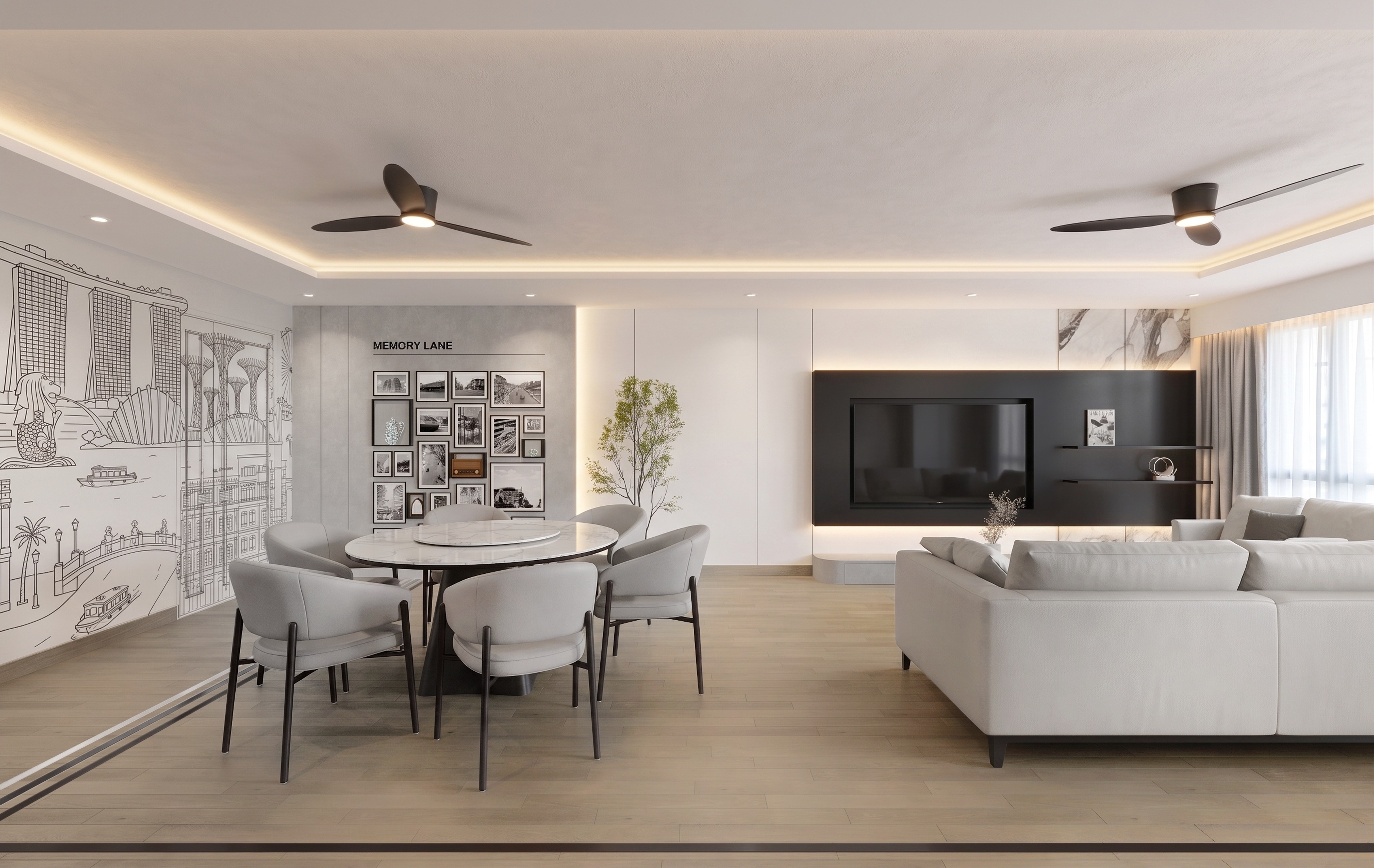 Living and dining area with marble table, cream sofa and TV feature wall