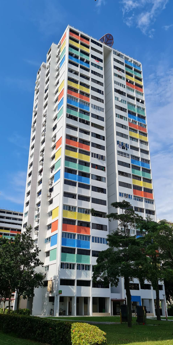 32 Bedok South HDB block exterior with coloured panels