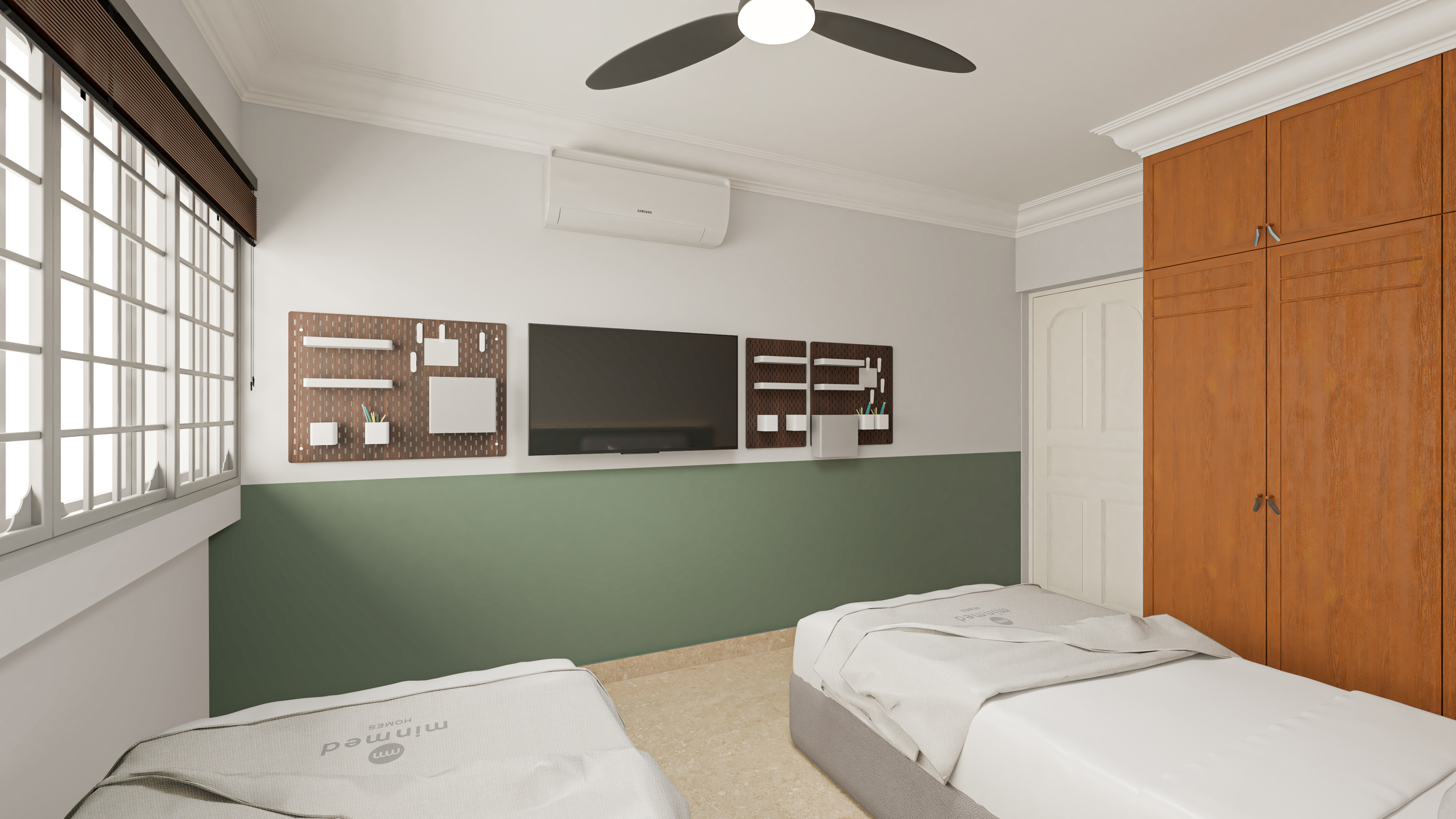 Bedroom 3 with twin beds, green half wall and pegboard displays