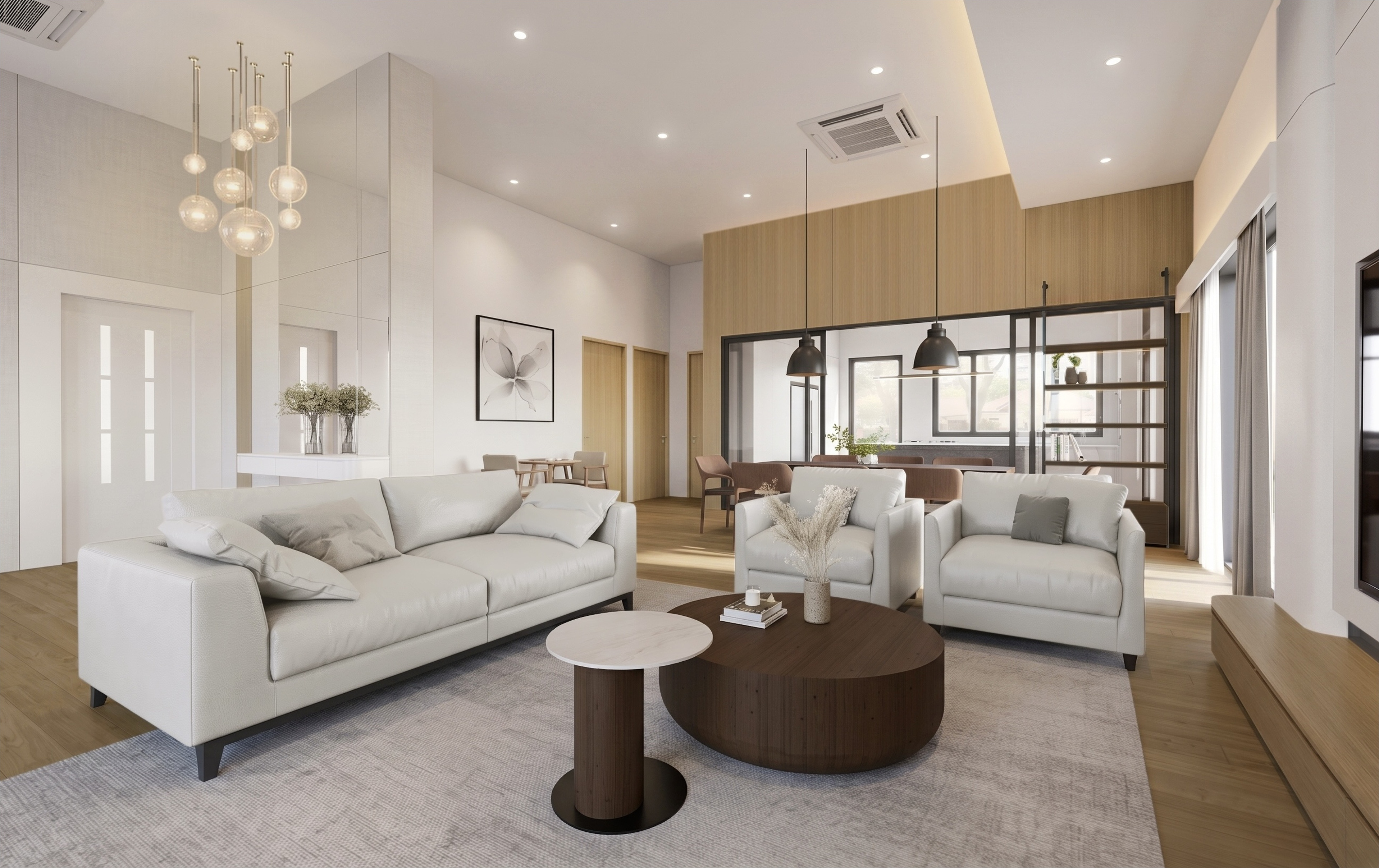 L1 open-plan living and dining area with cream sectional sofa