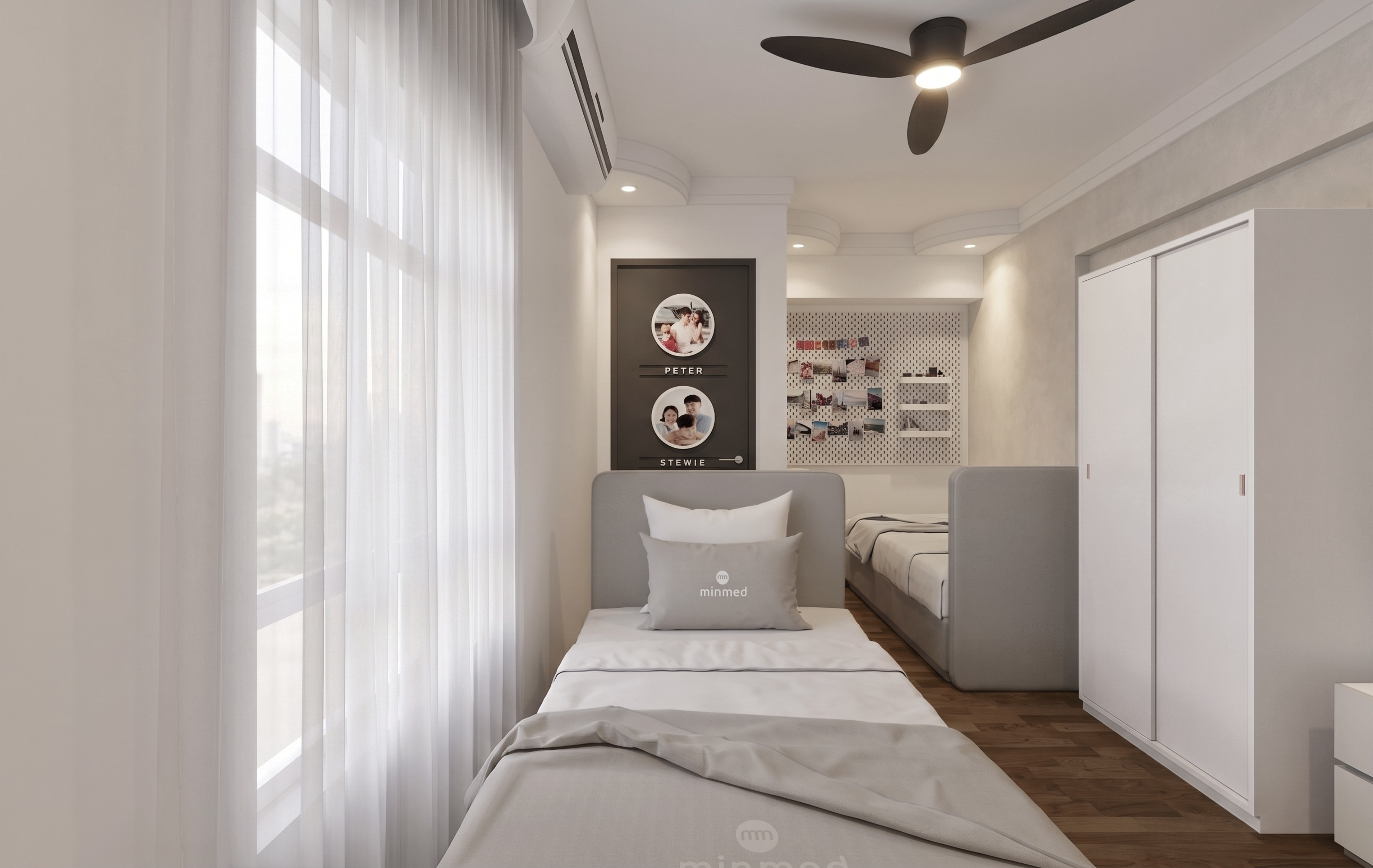 Bedroom with two twin beds, pegboard wall and white wardrobe