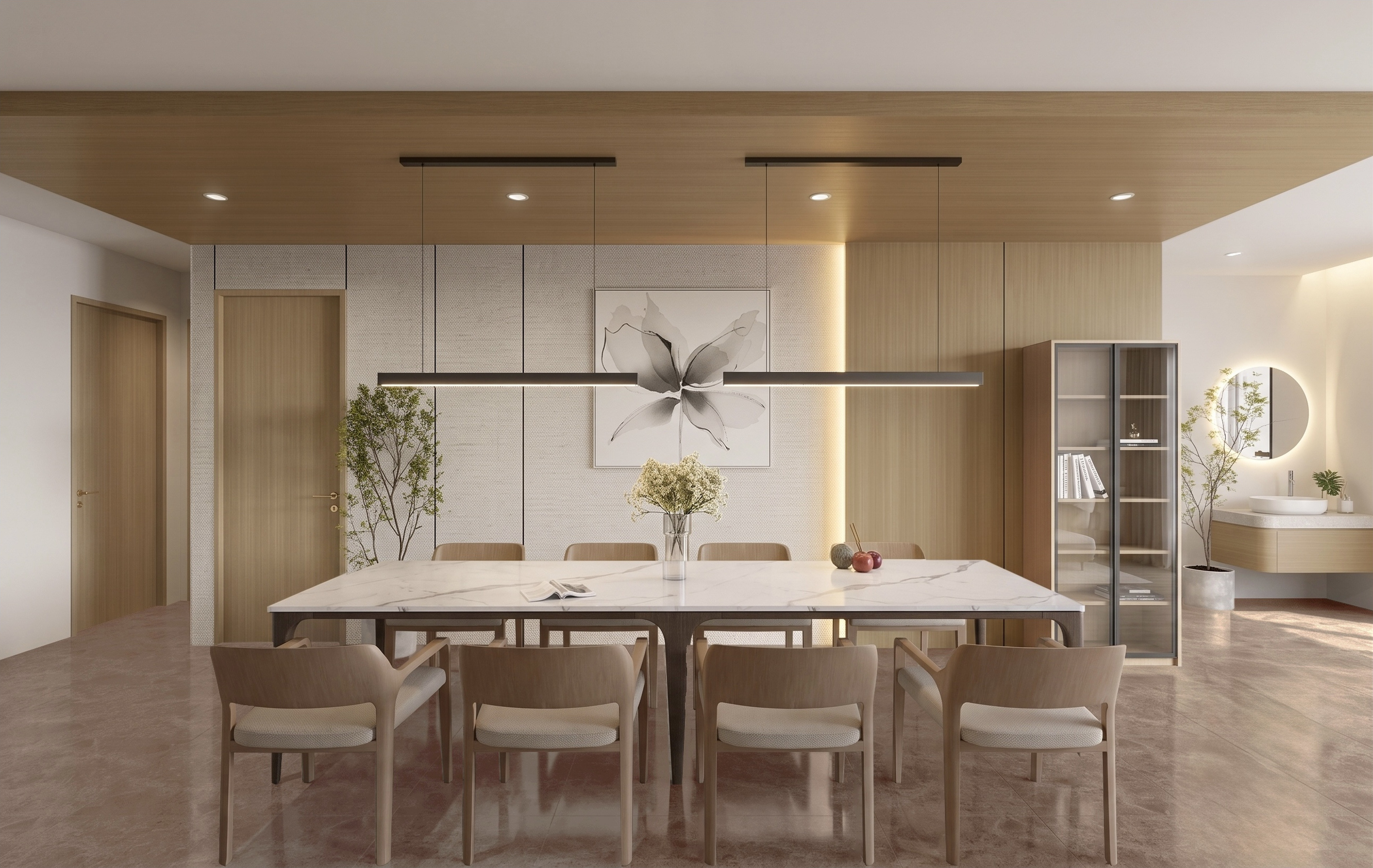 L2 Japandi-style marble dining room with slat feature wall