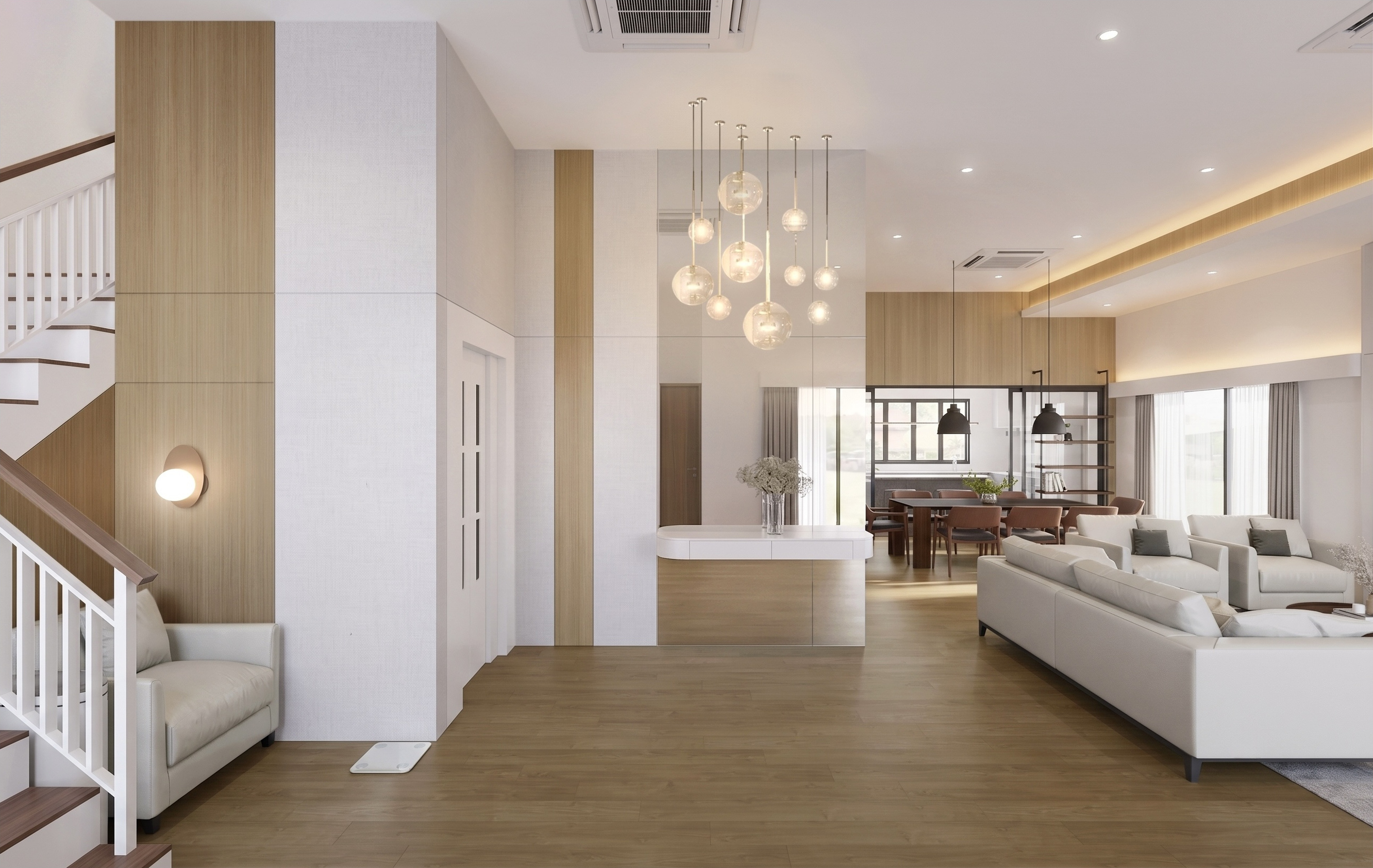 L1 entrance hall with staircase, mirror wall and pendant lights