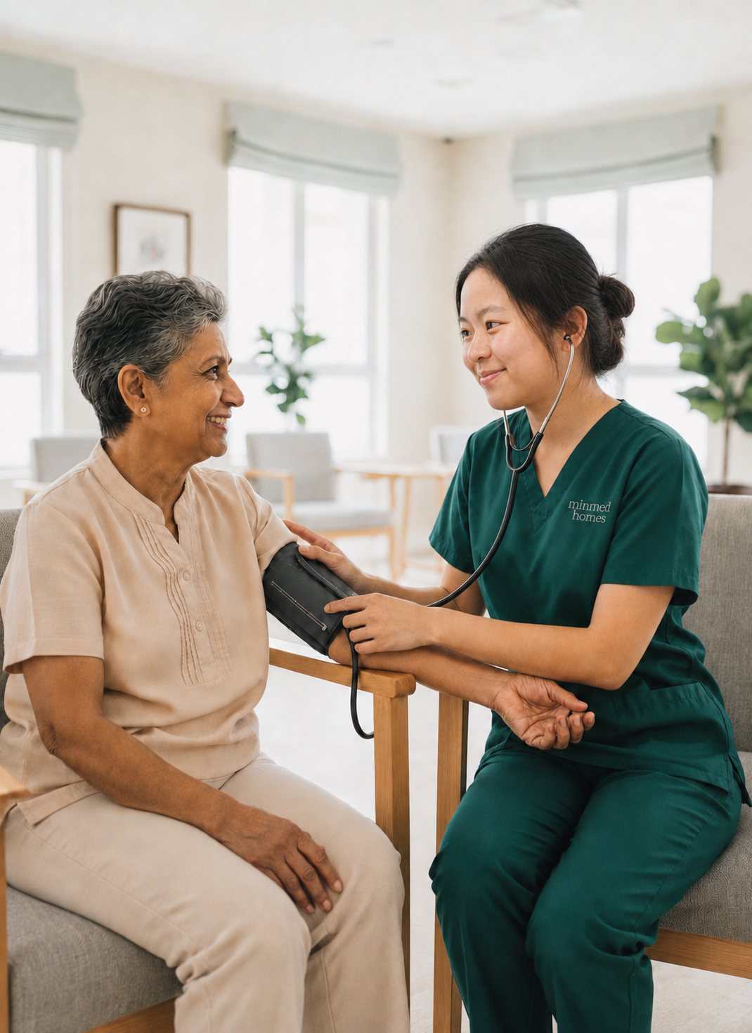 A Minmed Homes nurse checking a smiling resident's blood pressure