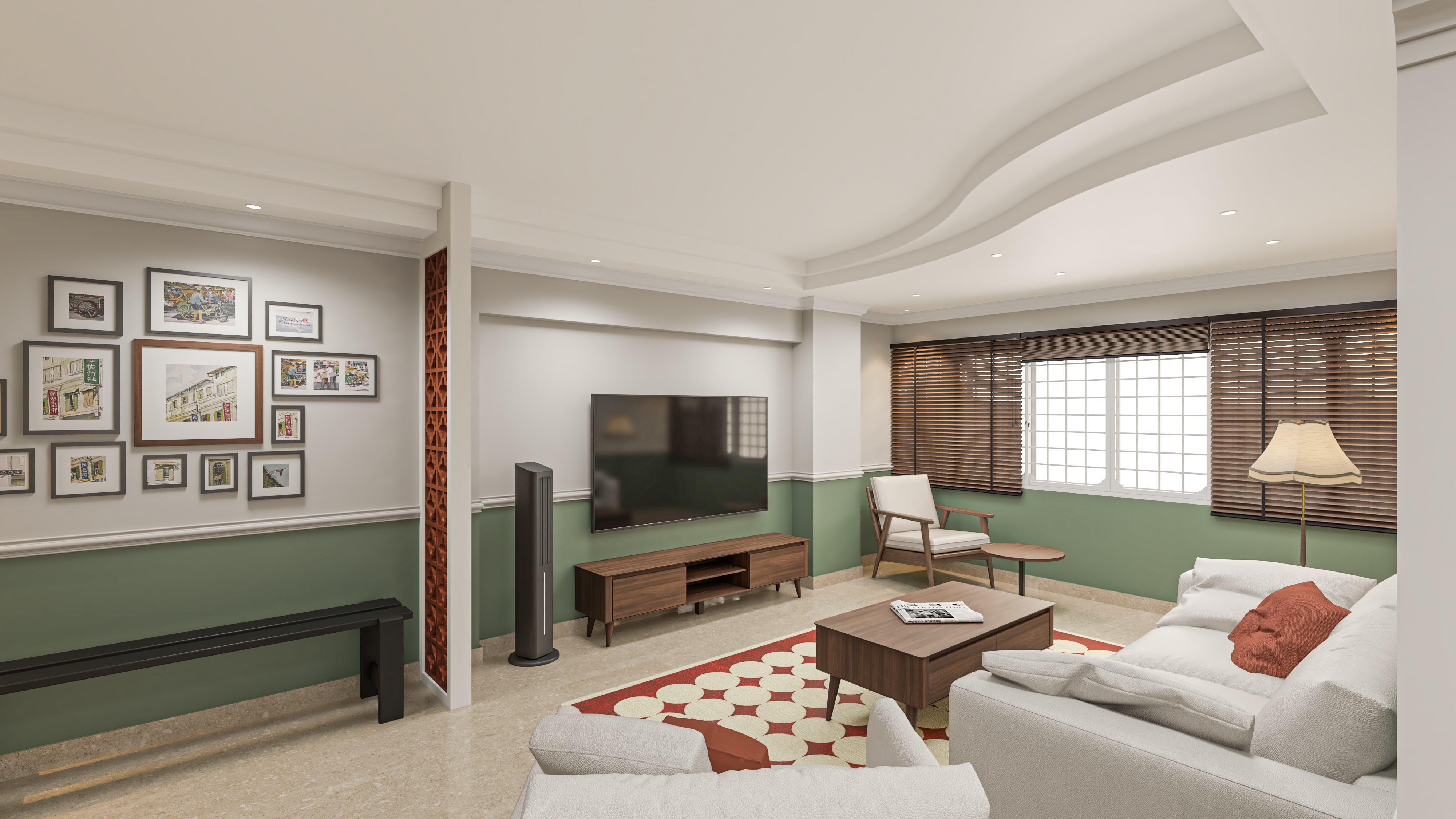 Living area with TV console, cream sofas and vintage red patterned rug