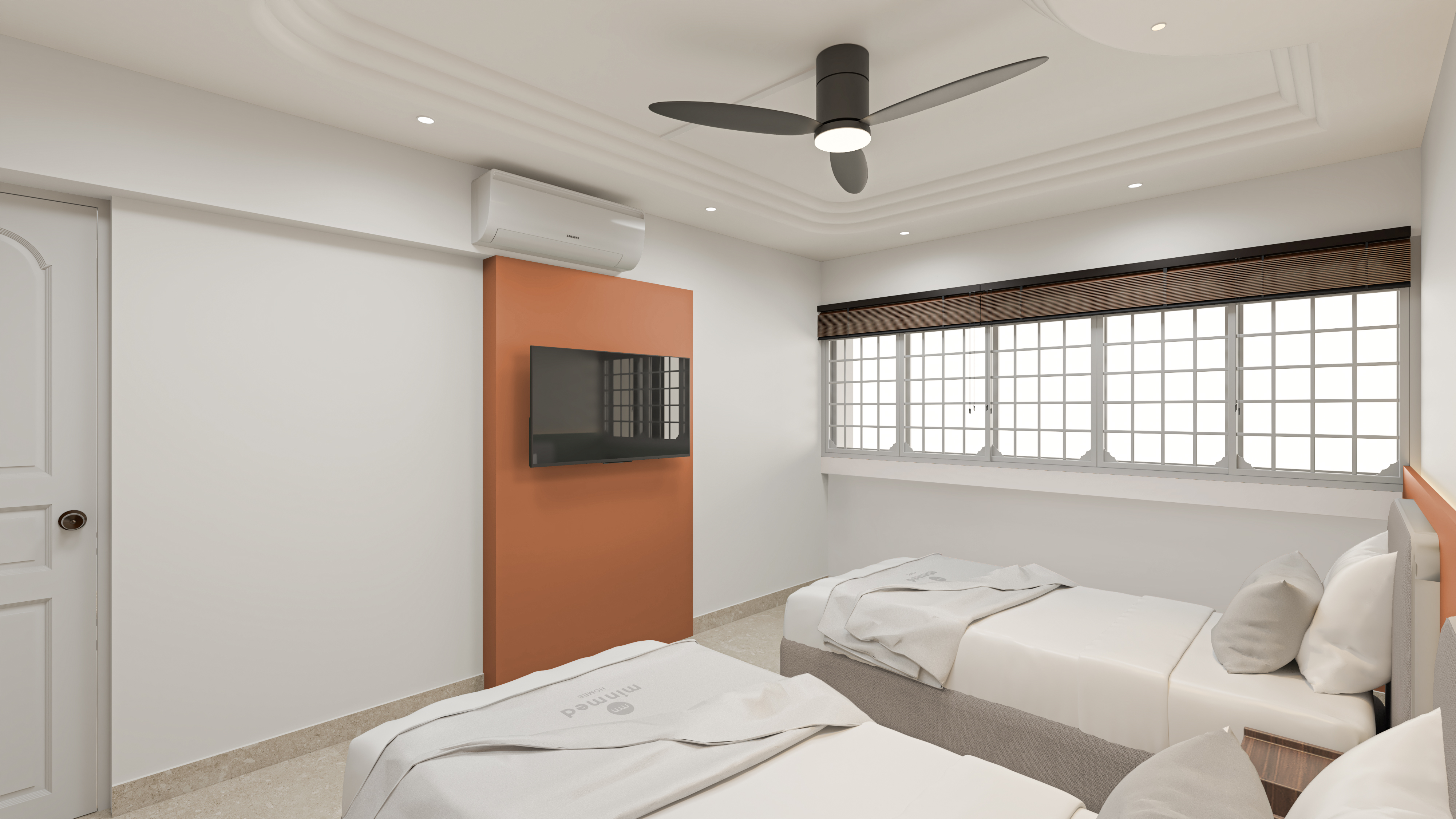 Twin bedroom with terracotta TV panel and bright grille windows