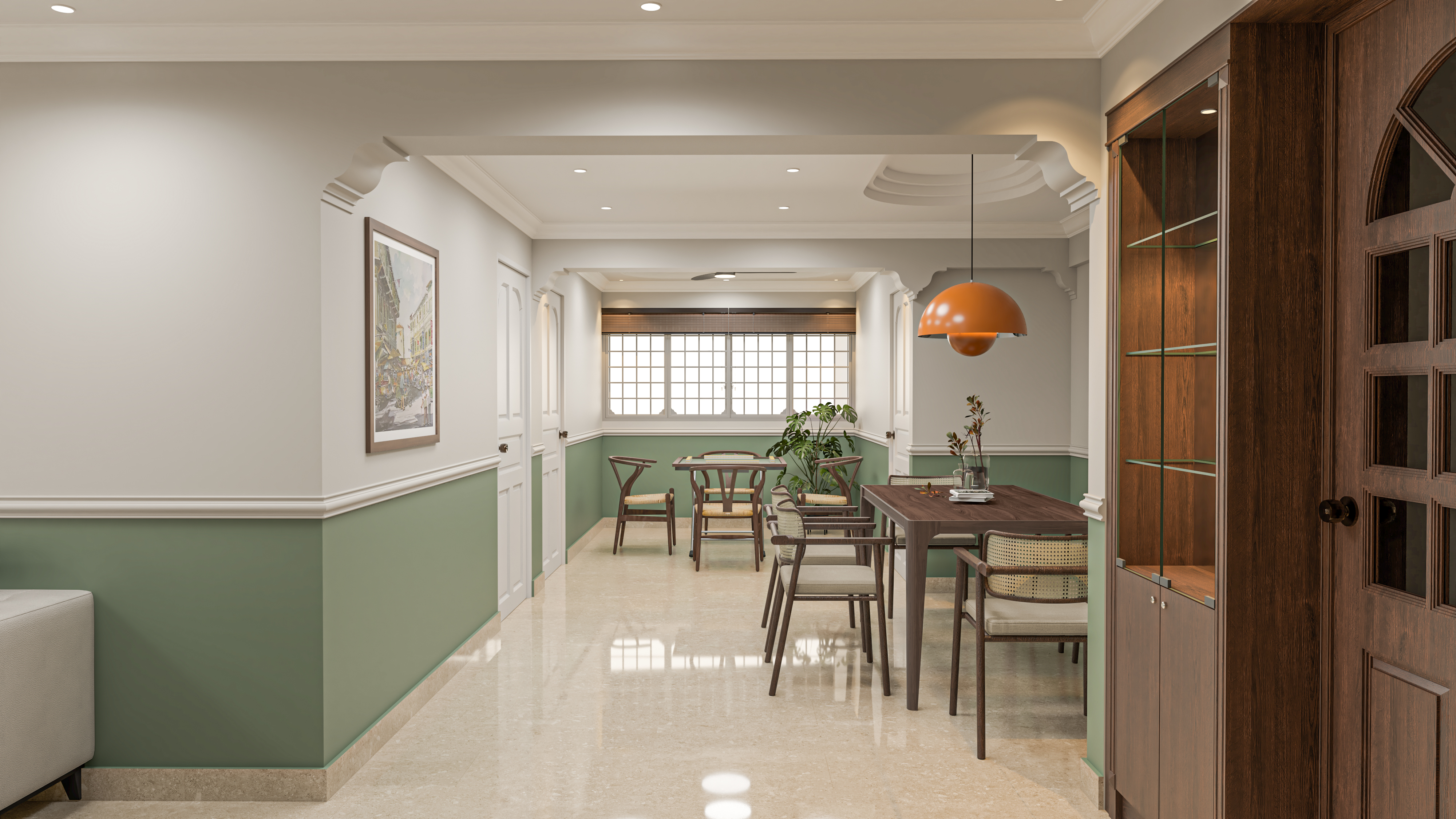 Dining area with wooden tables, rattan chairs and orange pendant lamp
